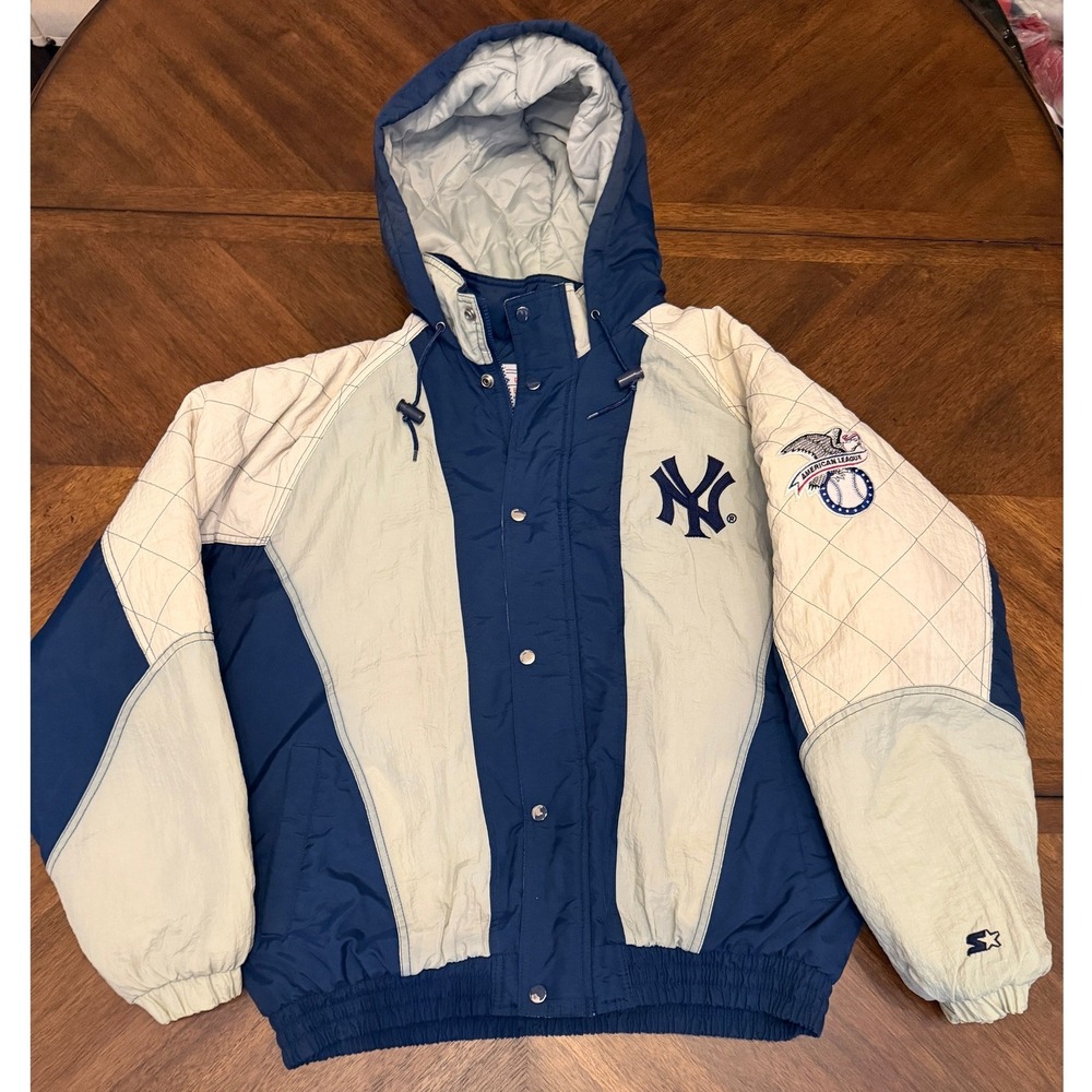Vintage Starter New York Yankees Puffer Jacket Hooded Navy Cream Mens Large MLB
